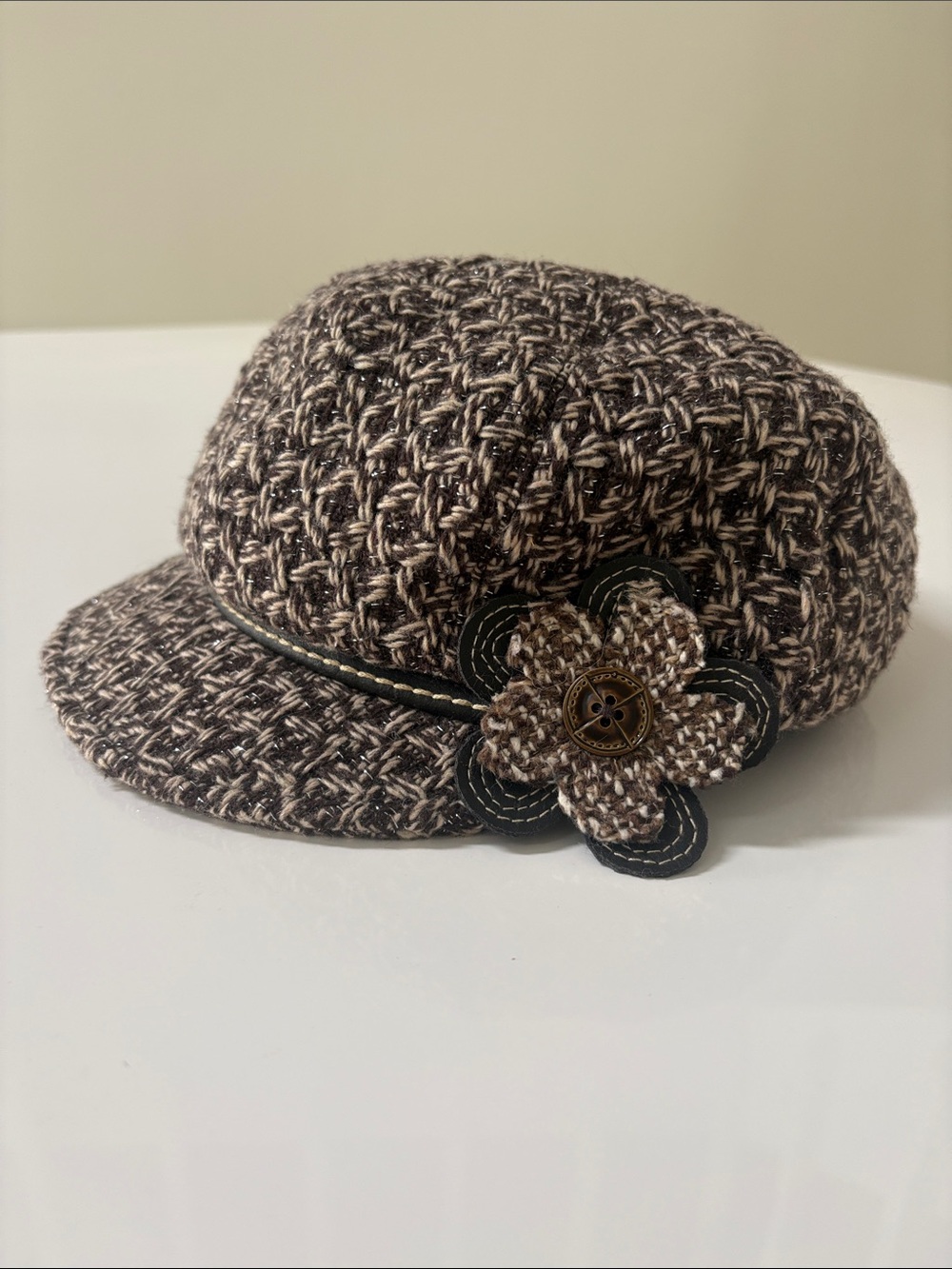 Wool Blend Textured Brown Newsboy Cap with Floral Accent One Size, Adjustable